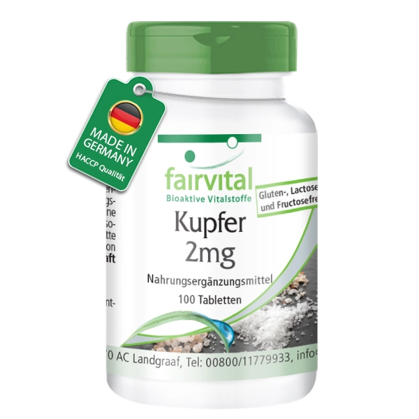 Kupfer 2mg - 100 Tabletten - Schluckfreundlich - Für Immunsystem, Eisentransport uvm. - Vegan | Fairvital